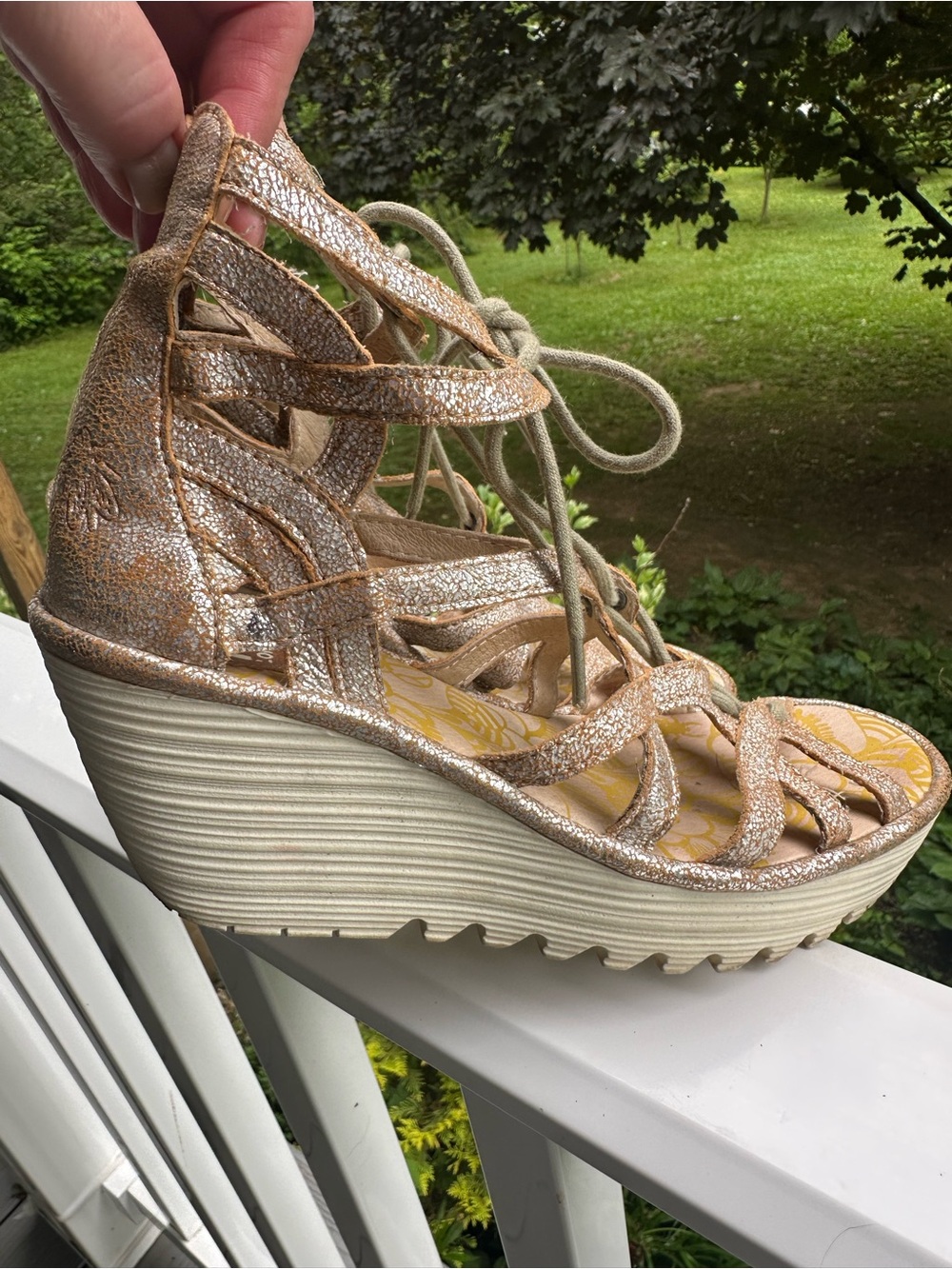 Fly London Women’s Yule Metallic Champagne/Gold Lace-Up Gladiator Wedge